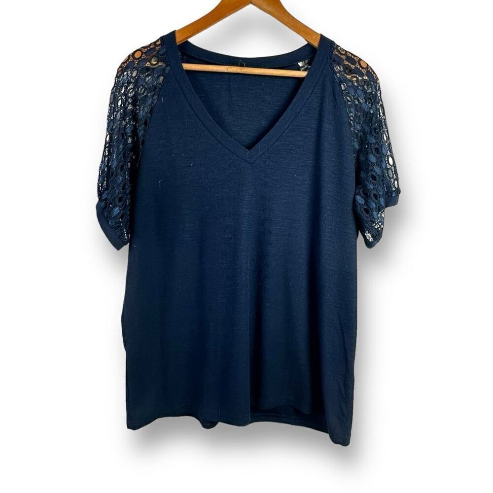 Boutique Women's XL Lace Sleeve Ribbed Tee Navy Blue Elevated Basic‎ Summer BBQ